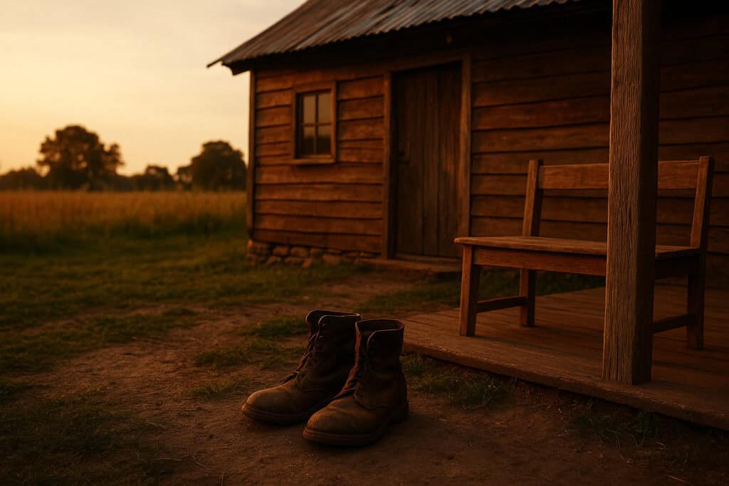 A pair of boots sitting on a dirt path outside of a wooden cabin